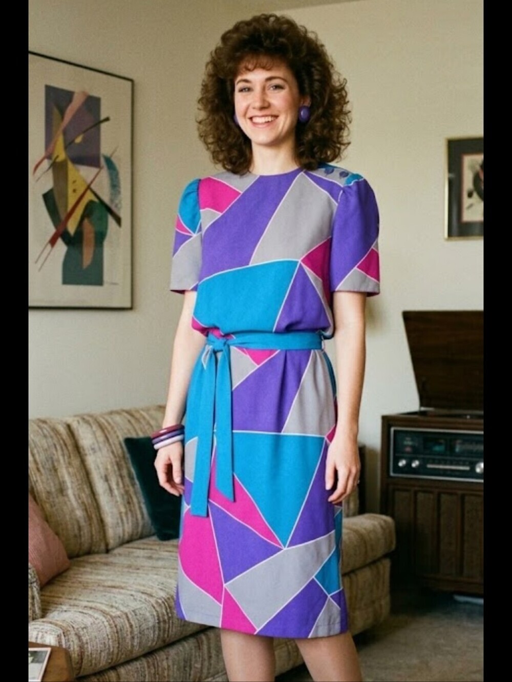 Sasson Midi Dress Size 10/11 Purple Blue Pink Geometric Print 80s Elastic Waist